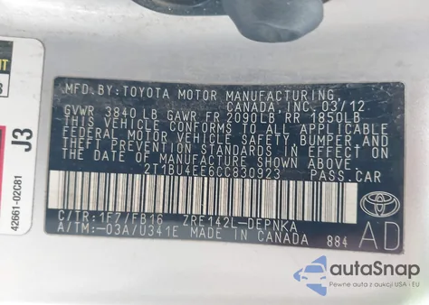 2012 Toyota Corolla Le from USA, damaged, VIN 2T1BU4EE6CC830923